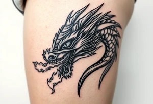 fierce dragon head breathing iridescent fire tattoo idea