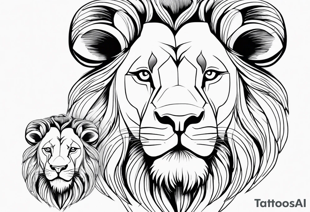 Tete Visage lion coupé en deux avec son bebe avec trait super fin tattoo idea