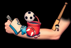 Childhood memories of a book, a bucket and spade, a football, a cricket bat, a cartoon of Dennis the Menace from the Beano comic tattoo idea