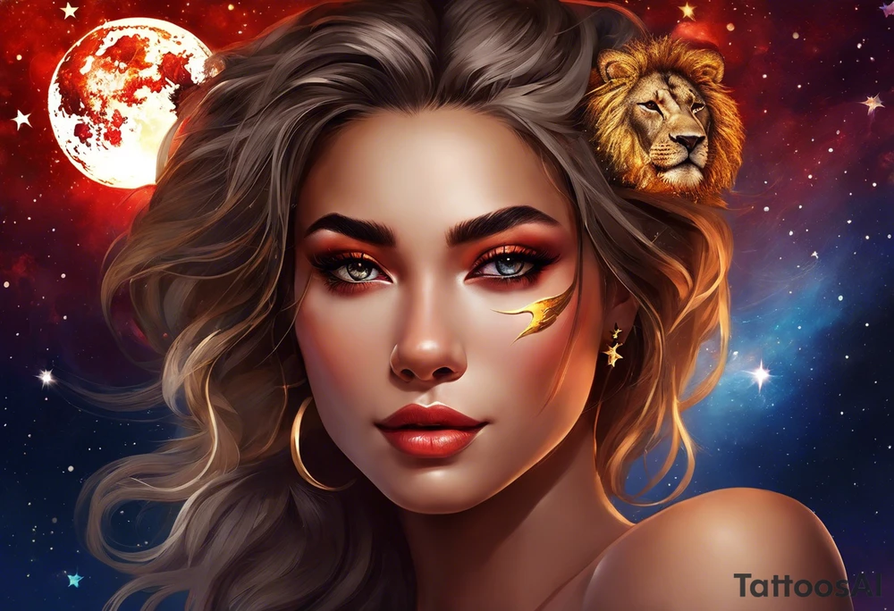 women turning to her side with a small leo zodiac symbol on her forehead, lion scratch scar on her eye and stars, moon and sun floating behind her head. however at the bottom  have her blend away like a smoke effect, you can use Stars or clouds to help fill in space. Also create a somewhat Smokey thin red line wrapping going from the back of the neck to the pinky and overlapping the woman tattoo as well. tattoo idea