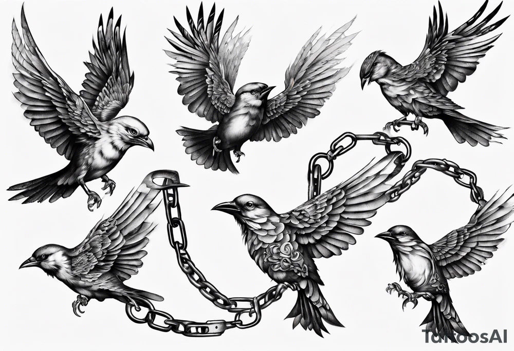 higly detailed bird breaking free from chains tattoo idea