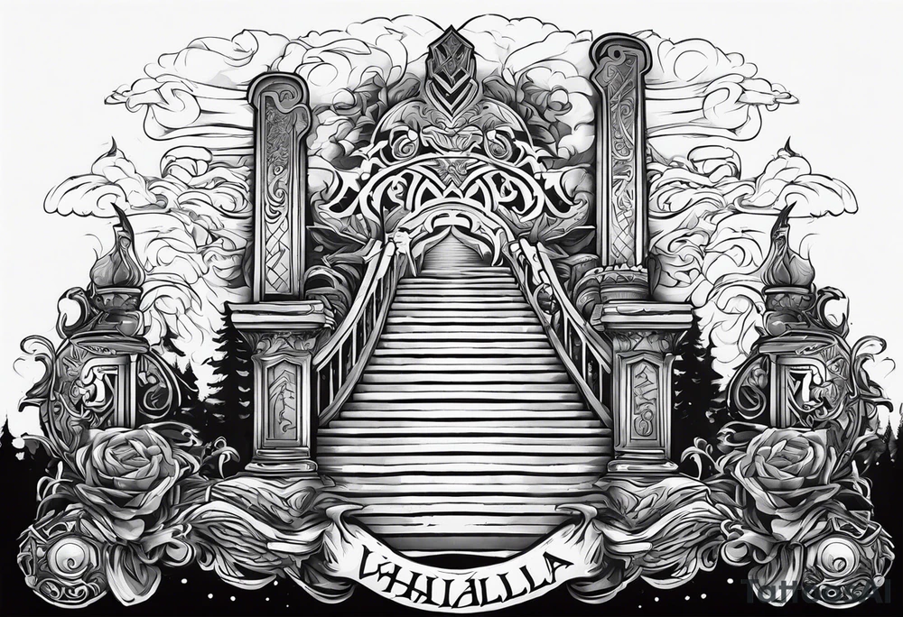 Valhalla 
 sword stairs axe mist tattoo idea