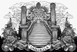 Valhalla 
 sword stairs axe mist tattoo idea