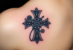 A bio-mechanical Maltese cross fused with gears and wires, combining organic and mechanical elements tattoo idea