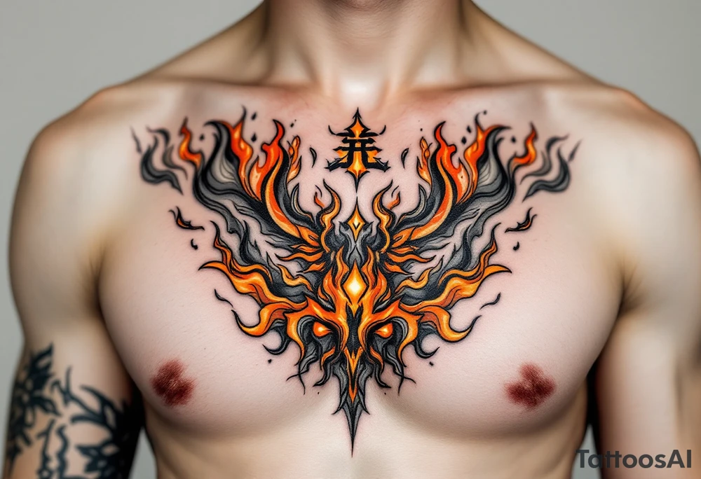 勇 (yǒng, “courage”) in fiery orange is often seen with flames or phoenix wings for bold transformation. tattoo idea