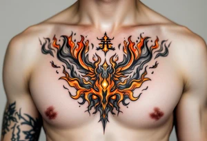 勇 (yǒng, “courage”) in fiery orange is often seen with flames or phoenix wings for bold transformation. tattoo idea