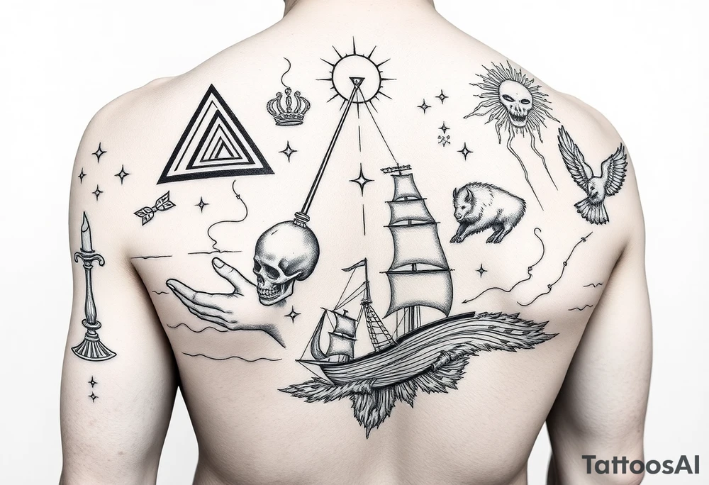 make a seamless sleeve design for a left arm from top of shoulder to wrist in fine line art that includes the images: candlestick, triangle, open hands, light, crown, a path, jacob wrestling with God, skull, ocean, bison, shepherd crook, dove, electricity, ship on the sea tattoo idea