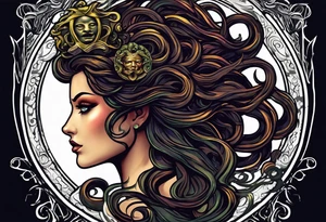 Medusa head with a mysterious expression, capturing both her allure and danger. Blend dream-like qualities with the striking figure of Medusa. tattoo idea