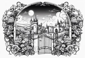 night medieval town garden open gate entrance 
 in circle vignette surrounded by clouds floral tattoo idea