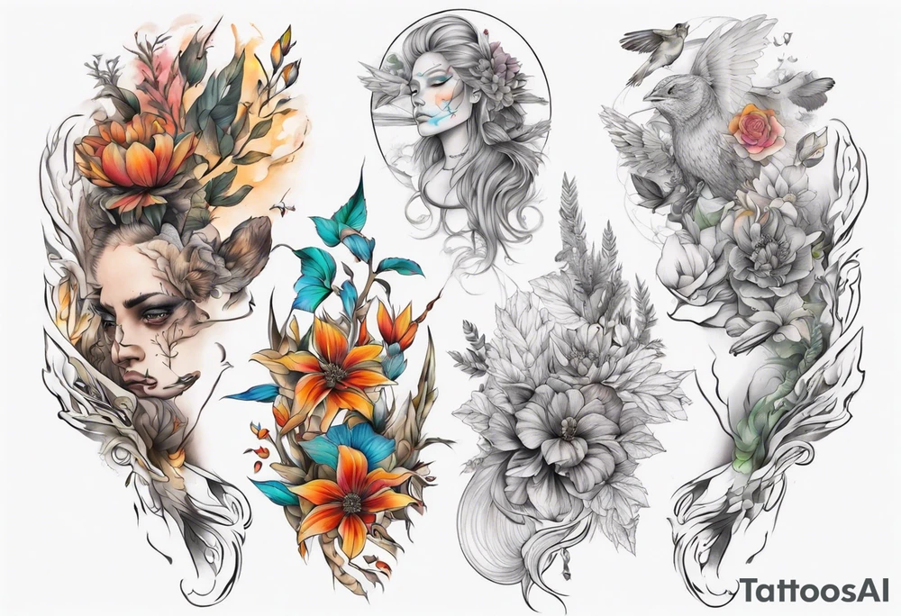 Full Back tattoo fine line with nature and some
Colors tattoo idea