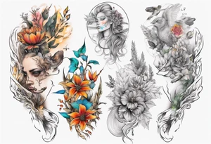 Full Back tattoo fine line with nature and some
Colors tattoo idea