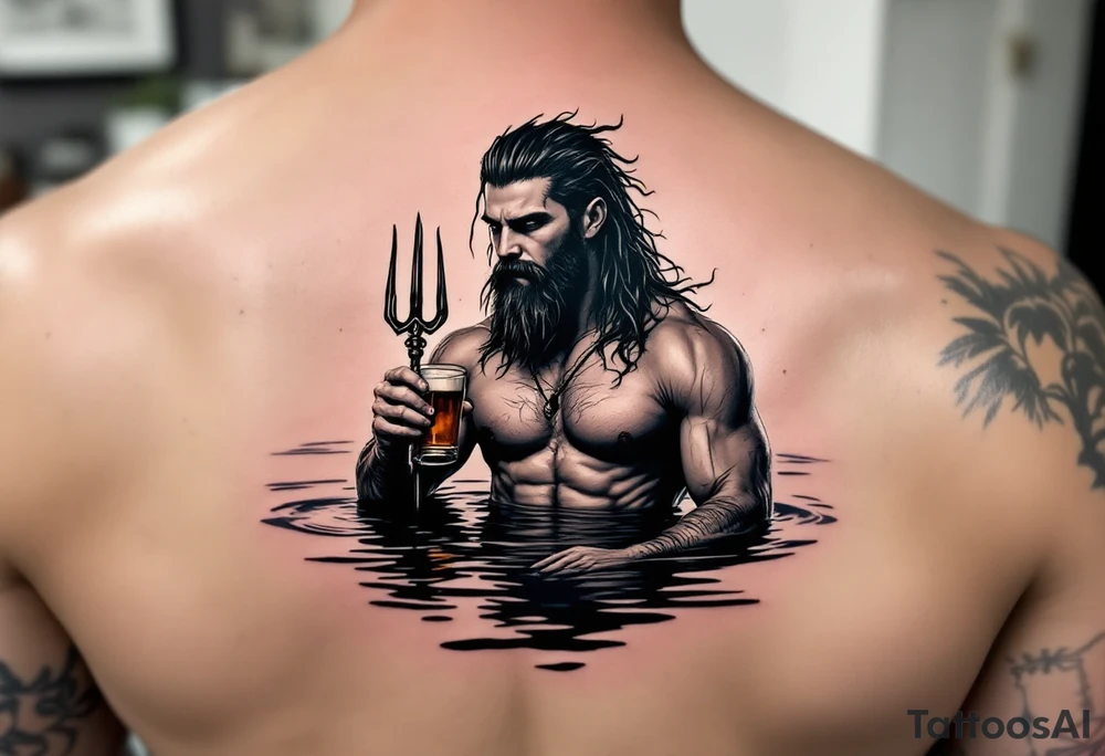 young, fit poseidon in calm water, holding a trident, drinking a beer, with sunset tattoo idea