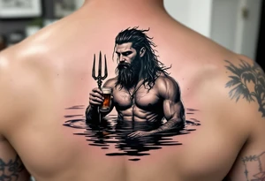 young, fit poseidon in calm water, holding a trident, drinking a beer, with sunset tattoo idea