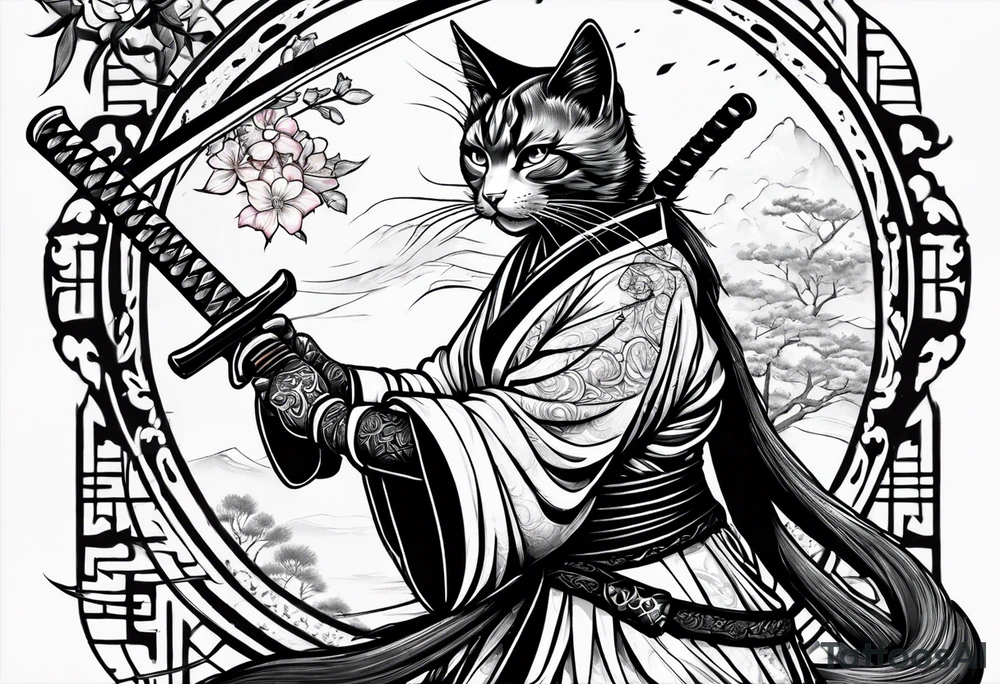 female samuari cat with katana tattoo idea