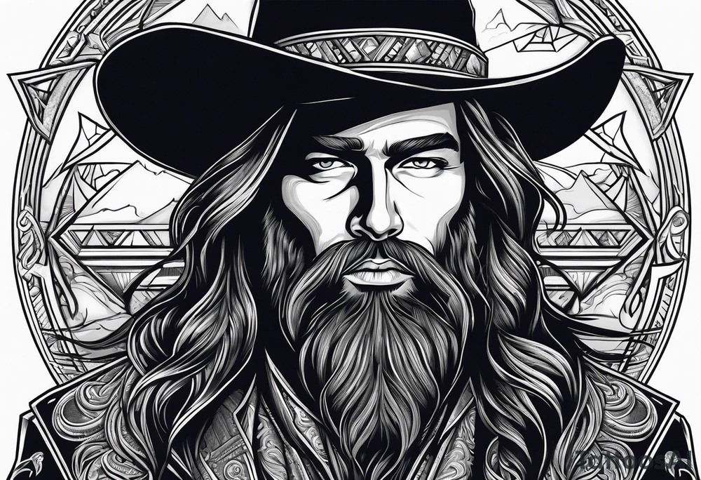 Cowboy with long hair and beard, white letters jacket tattoo idea