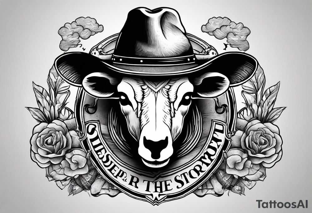 A sheep skull with cowboy hat hanging off the end of one of the horns and the words sleep through the storm tattoo idea