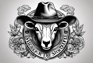 A sheep skull with cowboy hat hanging off the end of one of the horns and the words sleep through the storm tattoo idea