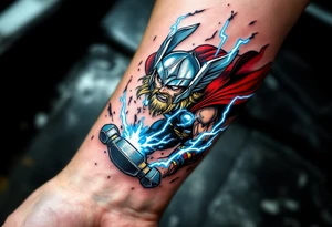 A comic book-style Thor mid-flight, striking lightning down with Mjölnir, in bold reds, blues, and silvers with dynamic shading. tattoo idea