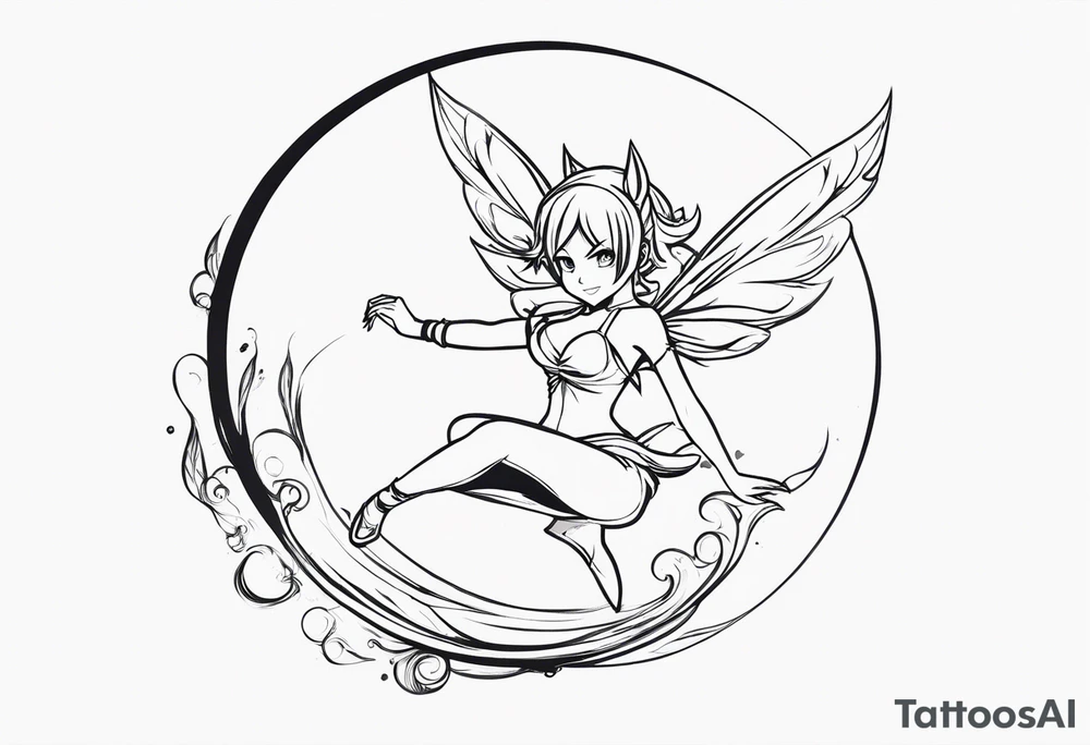 No color fairy with a tail inspired by the logo of the anime show called Fairy Tail in a fetal position leaning in and forward while in the air floating with no background tattoo idea