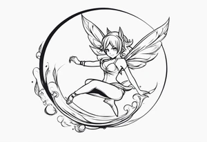 No color fairy with a tail inspired by the logo of the anime show called Fairy Tail in a fetal position leaning in and forward while in the air floating with no background tattoo idea