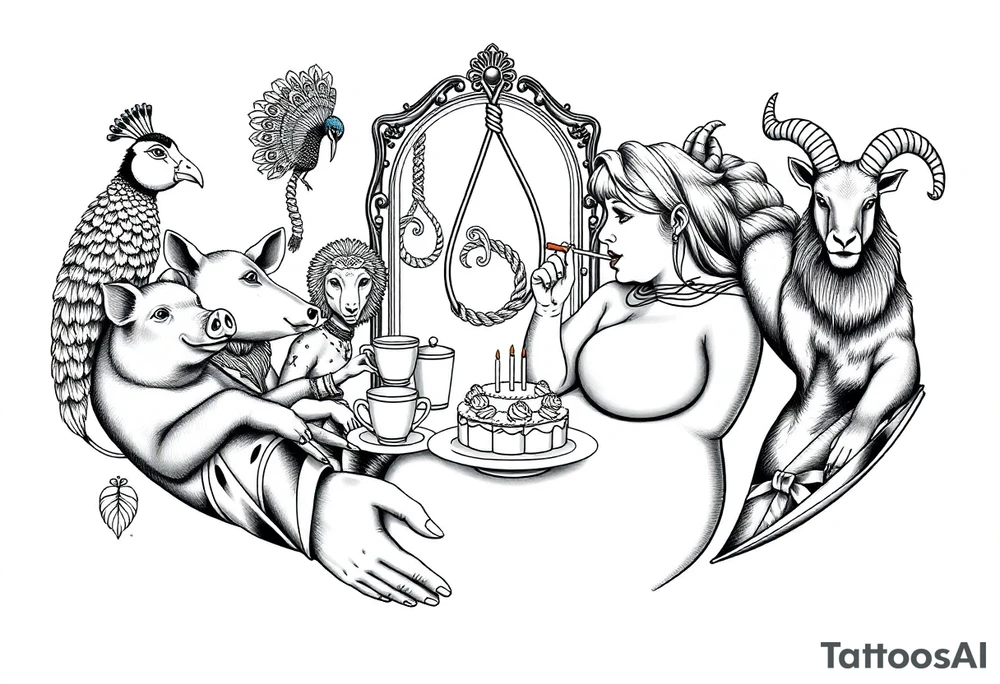 Sexy naked fat lady having a tea party with a pig, peacock, noose, lion, goat, smoking cigerettes looking in the mirror having sex with a man eating a cake tattoo idea