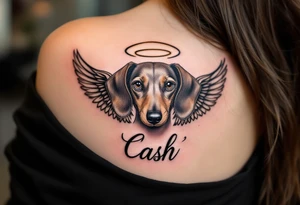 Dachshund ears between wings with a halo above and the name Cash tattoo idea