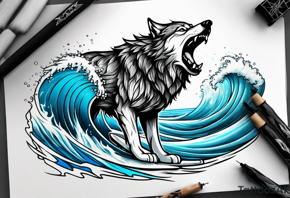 a pack muscular of wolves surfing tattoo idea