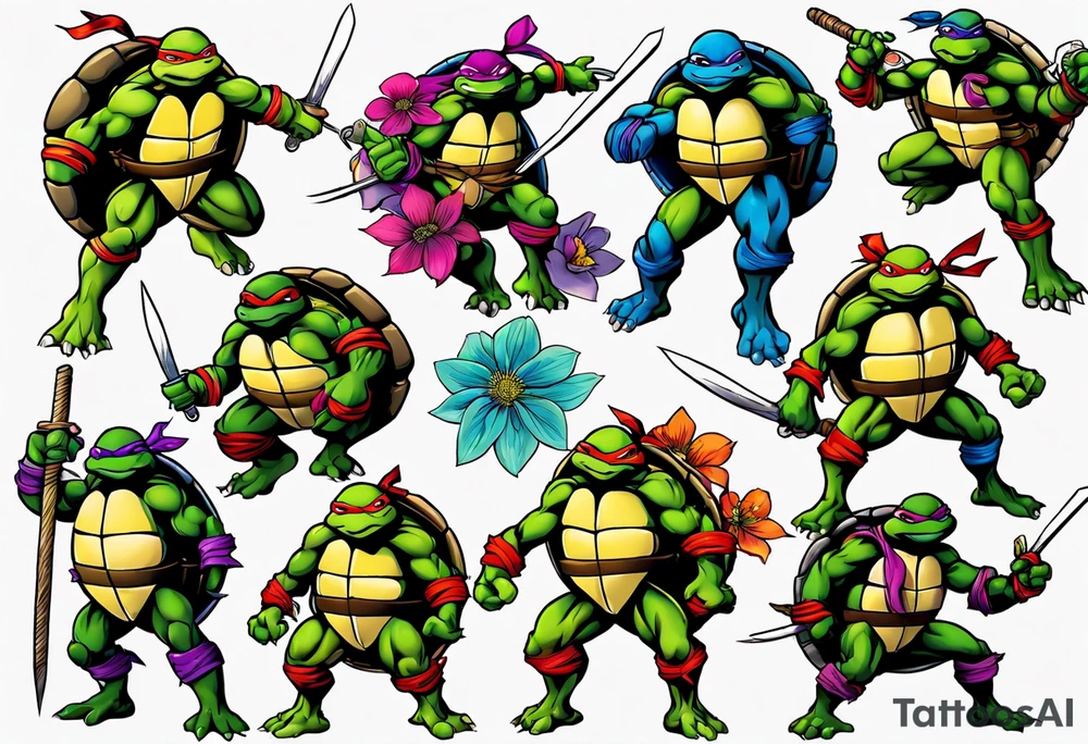 teenage mutant ninja turtles fighting with floral accents tattoo idea
