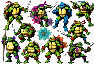teenage mutant ninja turtles fighting with floral accents tattoo idea