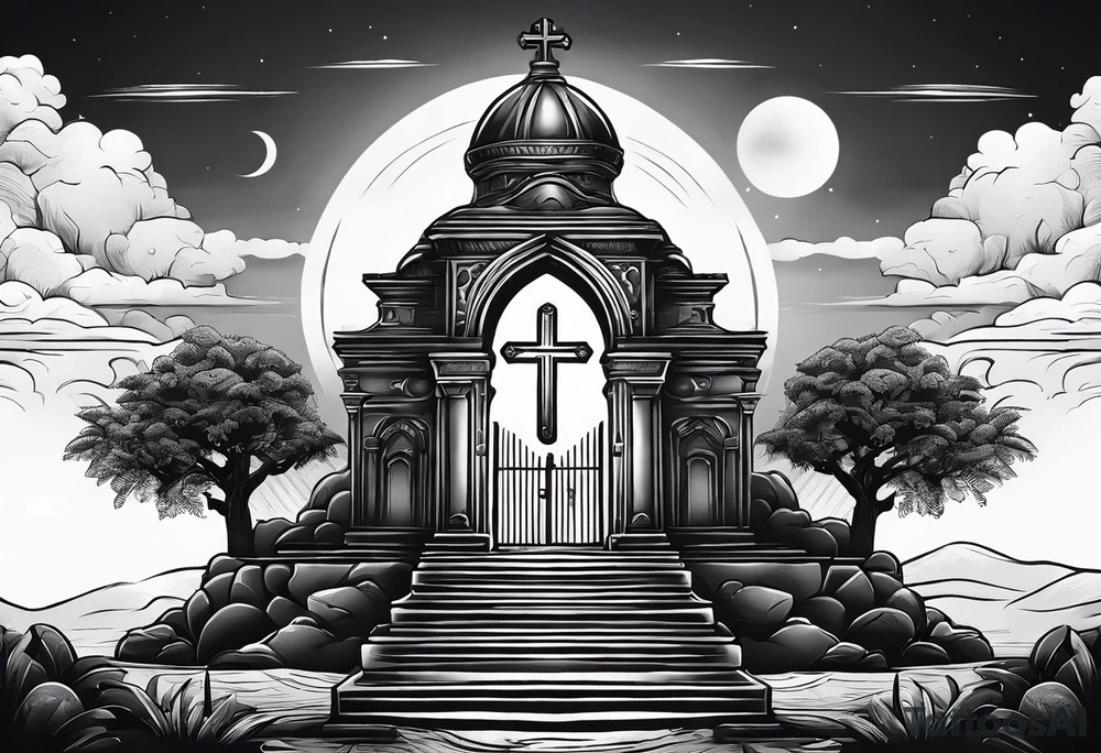 Tomb with cross and sun in the background tattoo idea
