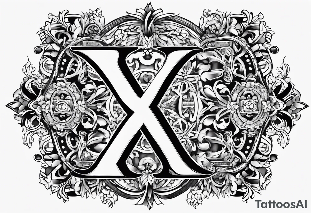 the letter x with some small greek designs around it tattoo idea