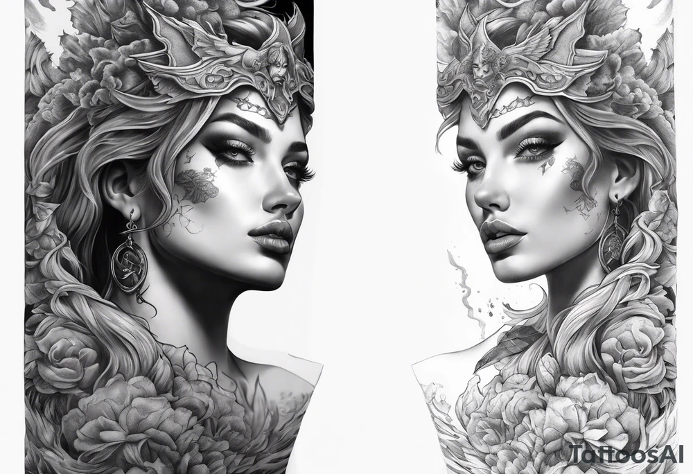 arm sleeve heaven at the top, satan falling down hellscape at bottom tattoo idea
