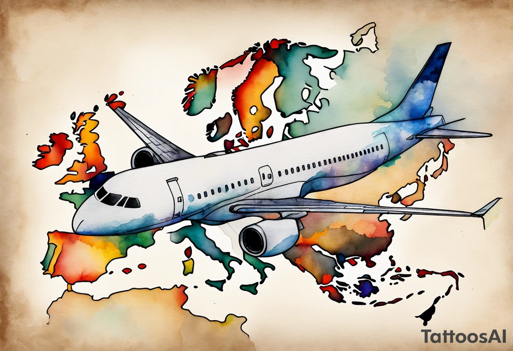 Map US to europe with one tiny jet plane showing intercontinental flight path. Watercolor with spilled watercolor look abstract, antiqued tattoo idea