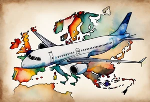 Map US to europe with one tiny jet plane showing intercontinental flight path. Watercolor with spilled watercolor look abstract, antiqued tattoo idea