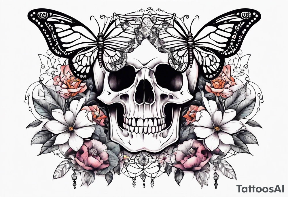 skeleton rib cage with flowers surrounding it and butterflies tattoo idea