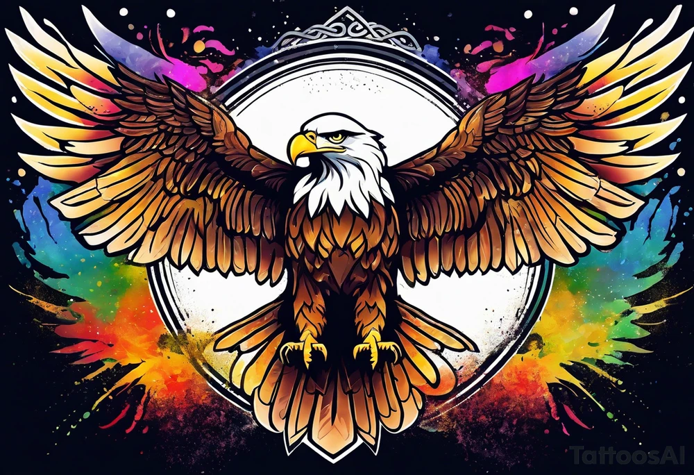 Delicate celtic Eagle with wings spread upwards. Colourful background, splashes on colour tattoo idea