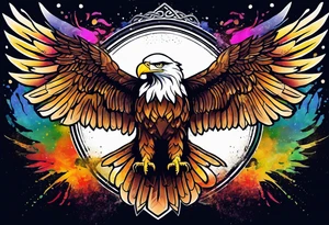 Delicate celtic Eagle with wings spread upwards. Colourful background, splashes on colour tattoo idea