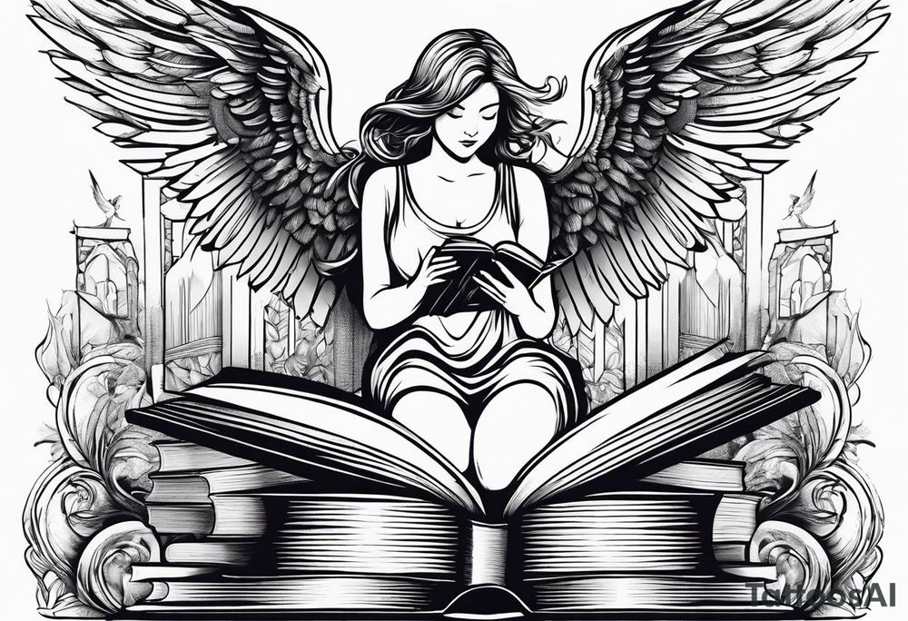 Angel kneeling next to open stack of books with bird silhouettes flying out of the book. tattoo idea