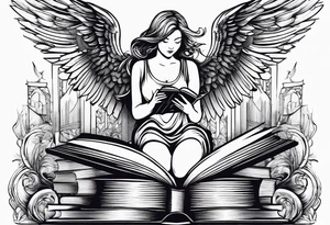 Angel kneeling next to open stack of books with bird silhouettes flying out of the book. tattoo idea