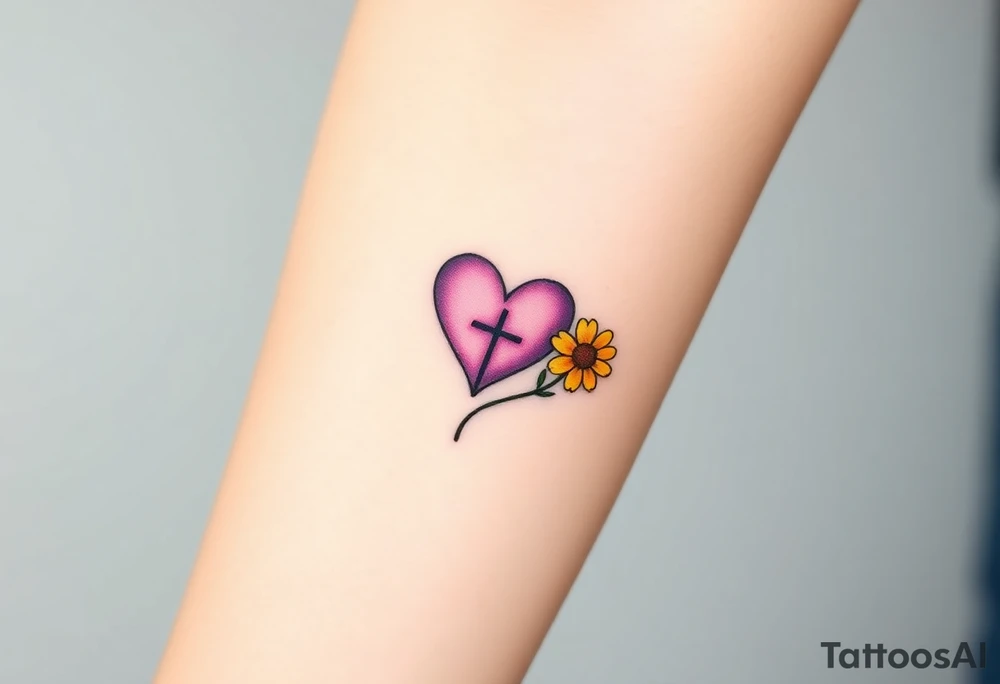 simple with Purple Hearts with yellow daisy with cross tattoo idea