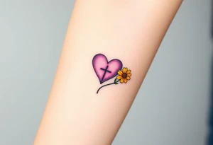 simple with Purple Hearts with yellow daisy with cross tattoo idea