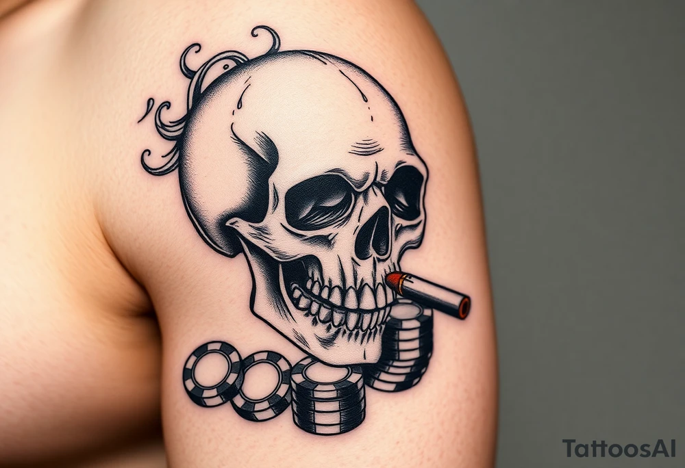 skull with smoking cigar in mouth,playing cards,pokerchips,a lot of money. tattoo idea