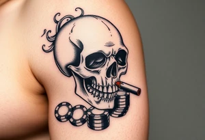skull with smoking cigar in mouth,playing cards,pokerchips,a lot of money. tattoo idea