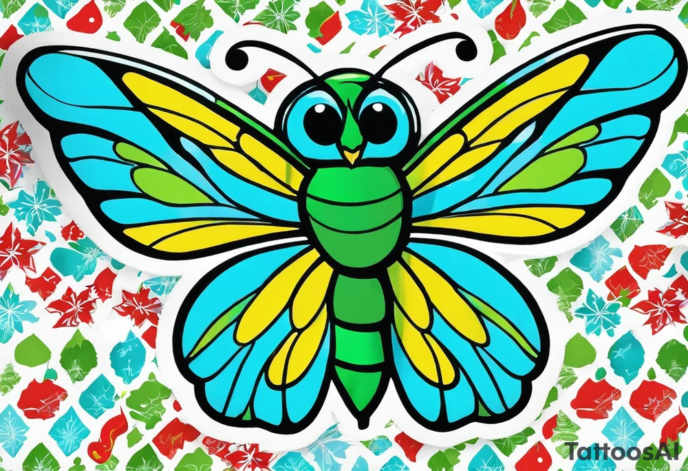 Christmas color camouflage clothes on the fortnite character jolly jammer, wrapped in majestic butterfly wings with a greenish blue glow,all on a pond with the fortnite zero point below it, tattoo idea