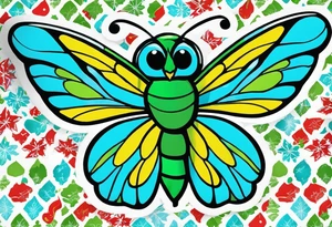 Christmas color camouflage clothes on the fortnite character jolly jammer, wrapped in majestic butterfly wings with a greenish blue glow,all on a pond with the fortnite zero point below it, tattoo idea