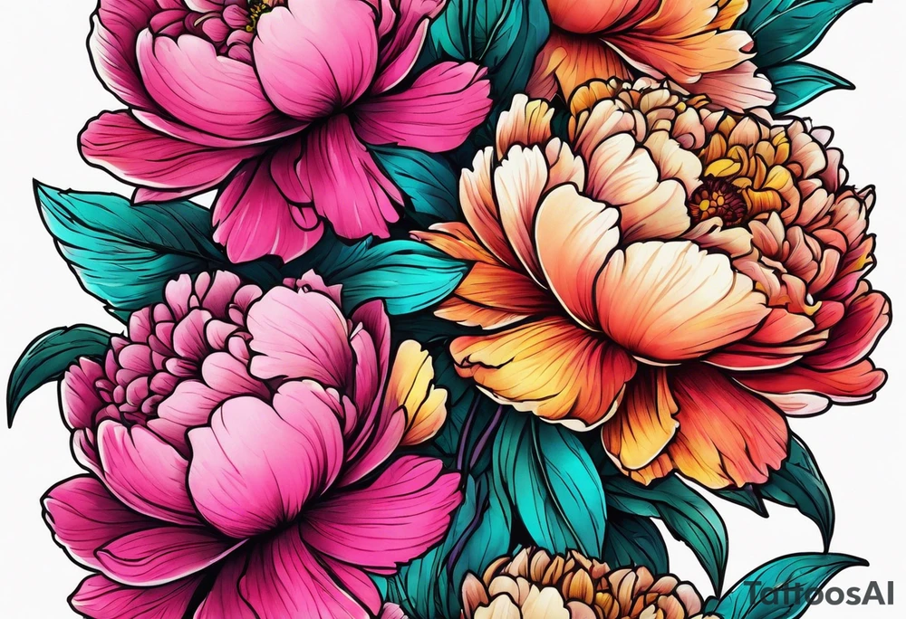 neon colorful peonies bouquet, neon colored tattoo idea