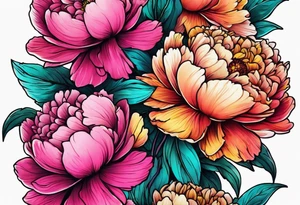 neon colorful peonies bouquet, neon colored tattoo idea