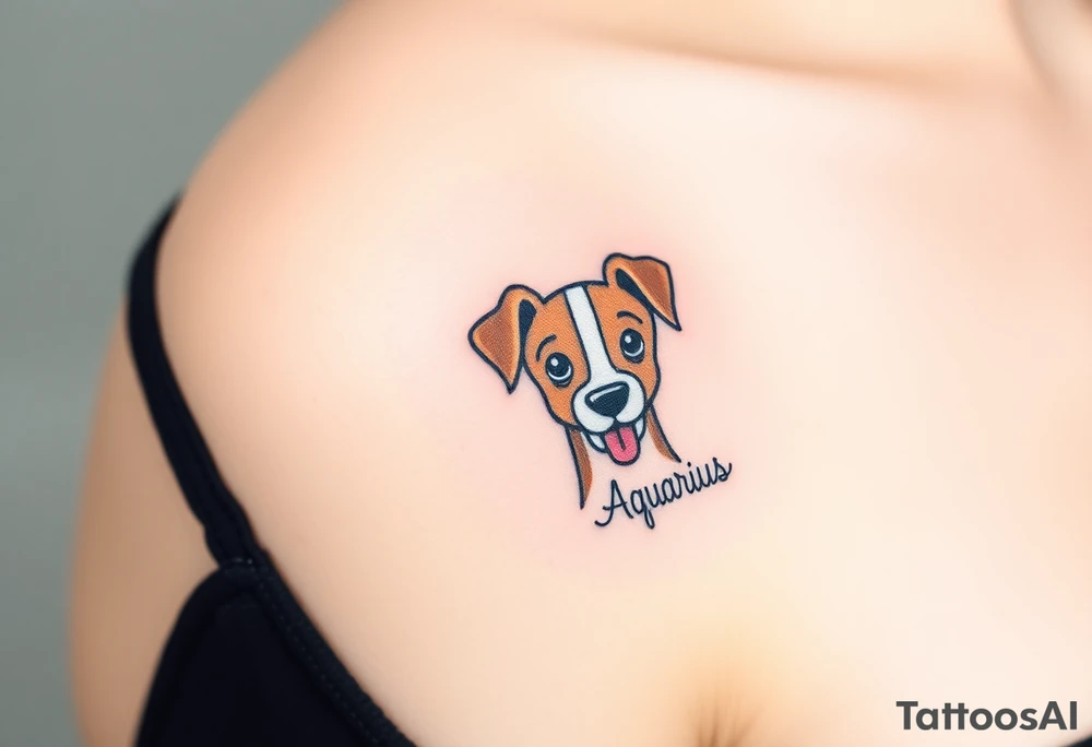 One line tattoo of female dog with white strip going up dog’s snout slightly off centered. With  the dogs tongue slightly out and the name kiwi and an Aquarius them to it . Just the colors black  white brown and green tattoo idea