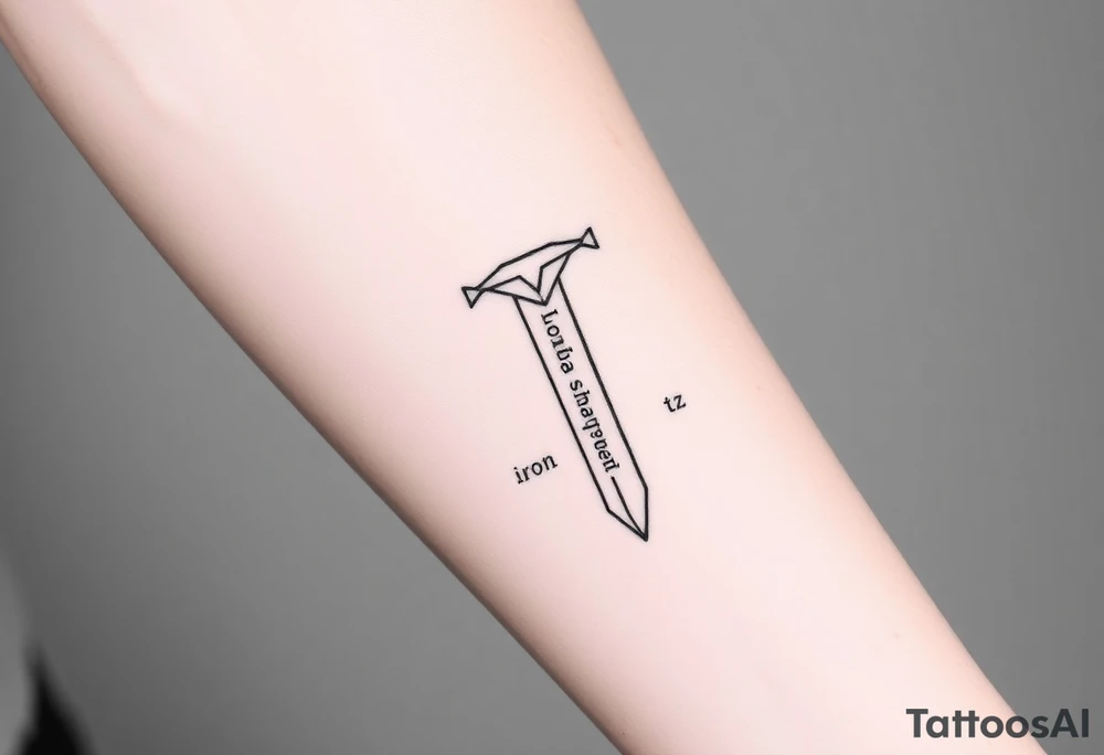 Modern tattoo sketch of a sword made with geometric lines and triangles. “Iron Sharpens Iron” written vertically down the blade. Clean black outlines, abstract forearm tattoo. tattoo idea