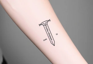 Modern tattoo sketch of a sword made with geometric lines and triangles. “Iron Sharpens Iron” written vertically down the blade. Clean black outlines, abstract forearm tattoo. tattoo idea